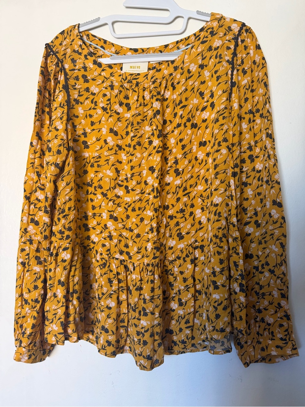 Maeve Anthropologie Yellow Floral Peplum Boho Blouse Large